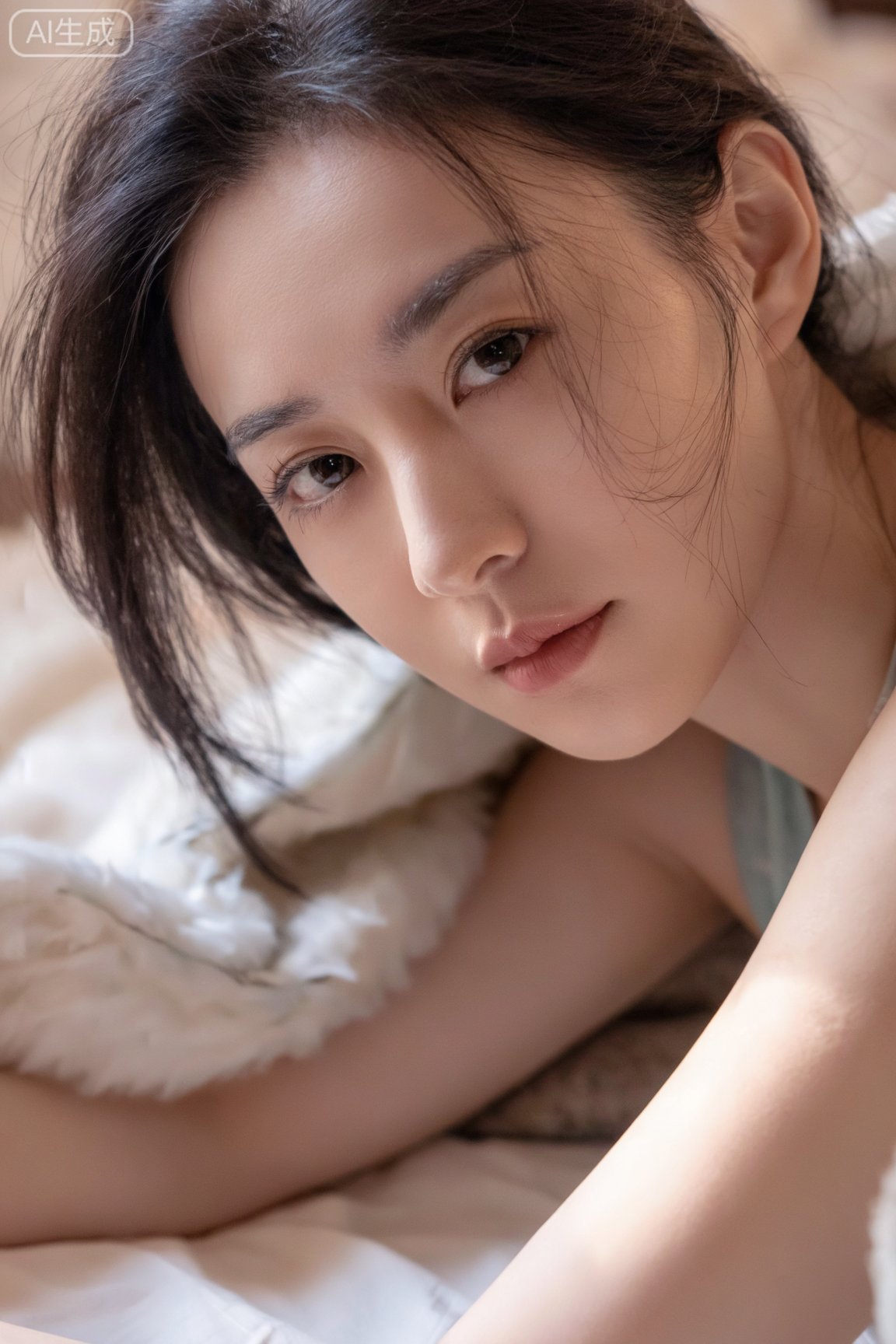 一幅如梦似幻的私密肖像照：一位容貌精致、形象写实的亚裔女性躺在毛毯下,  柔和的自然光线洒落,  背景是温馨舒适的卧室。画面带有电影感颗粒质感 by Zhang on Tensor.Art