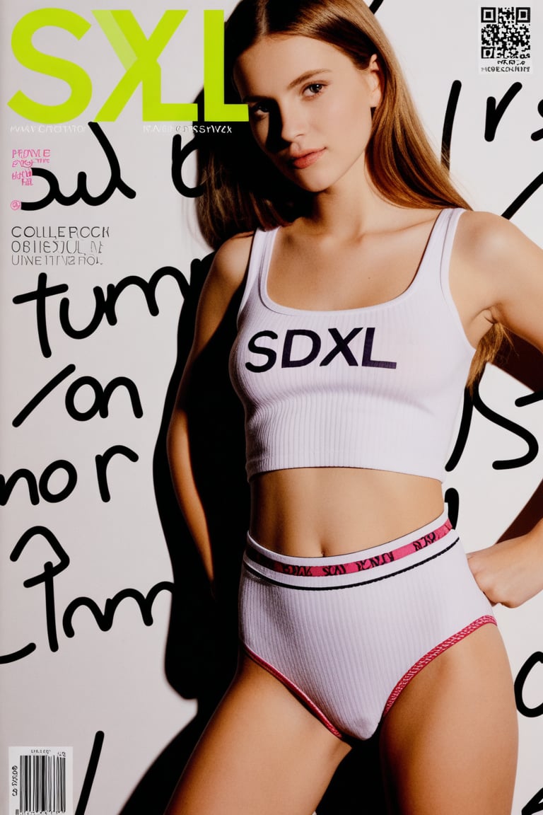 Full page magazine spread,  "SDXL COLLECTION" romantic typography in the background,  fashion model in a ribbed cotton tan...