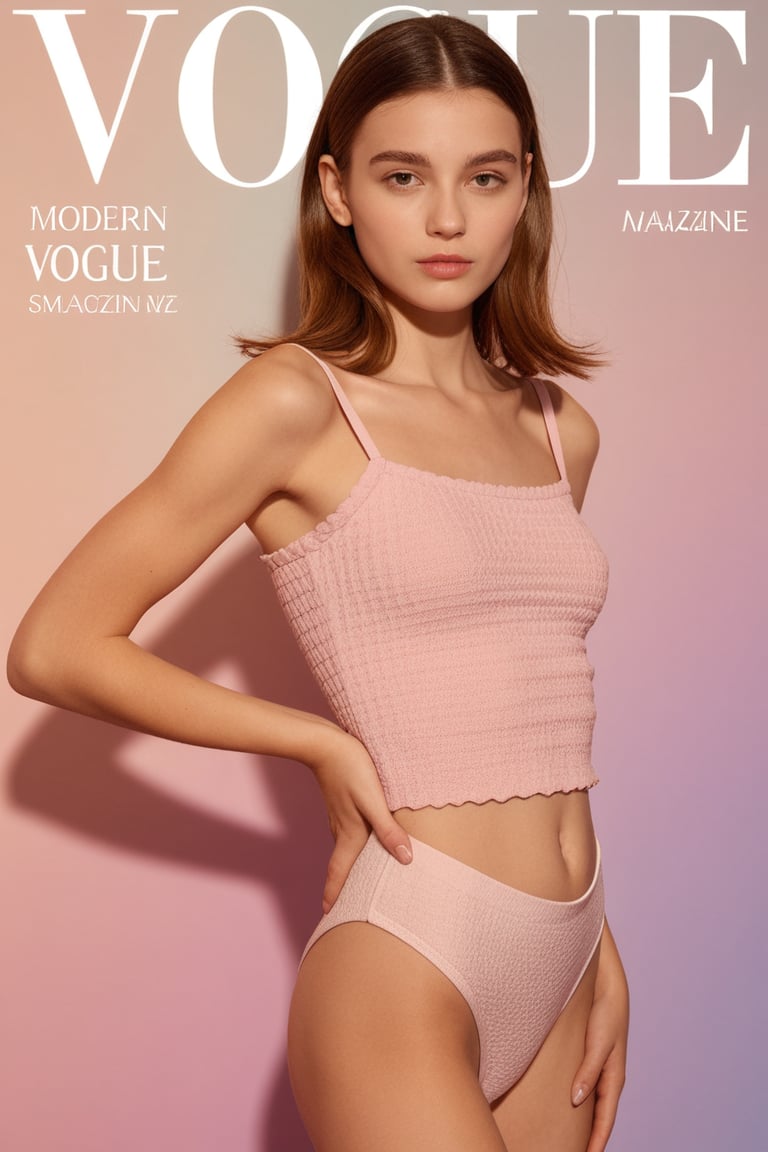 Modern lifestyle VOGUE magazine cover,  wearing a underwear dusty rose smocked camisole,  waffle knit texture details by N...