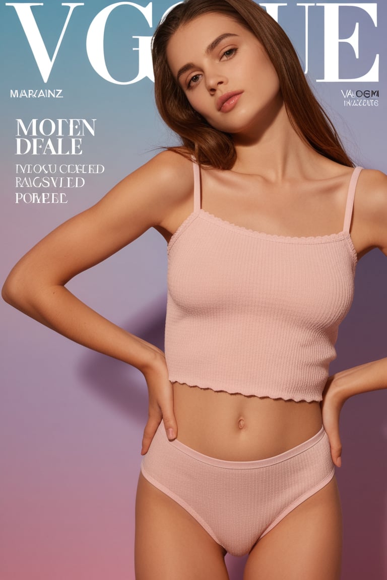 Modern lifestyle VOGUE magazine cover,  wearing a underwear dusty rose smocked camisole,  waffle knit texture details by N...
