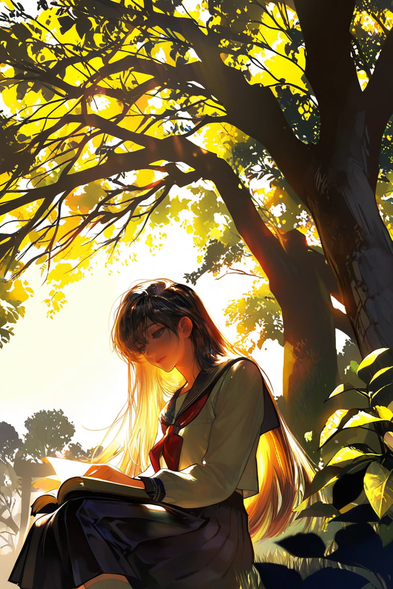 ordinary student sitting under a large tree in the school yard,  reading a book,  school uniform slightly relaxed by ℛ𝐀𝐄...
