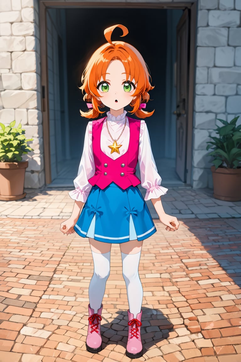 In this anime-style illustration,  a young girl with bright orange hair and large green eyes stands,  on a sunlit brick pa...