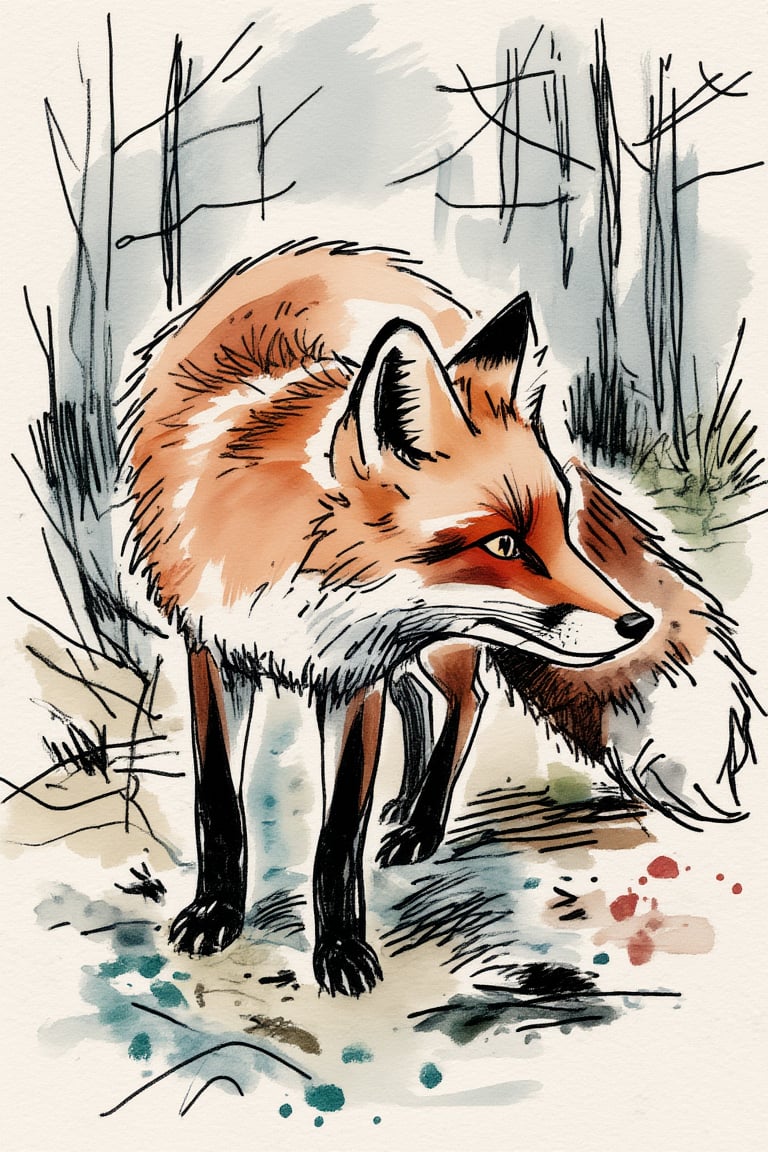 ek_inkart,  ek_inkart_line,  ink and watercolor illustration of a red fox pausing mid-step in a quiet woodland by EclipseK...