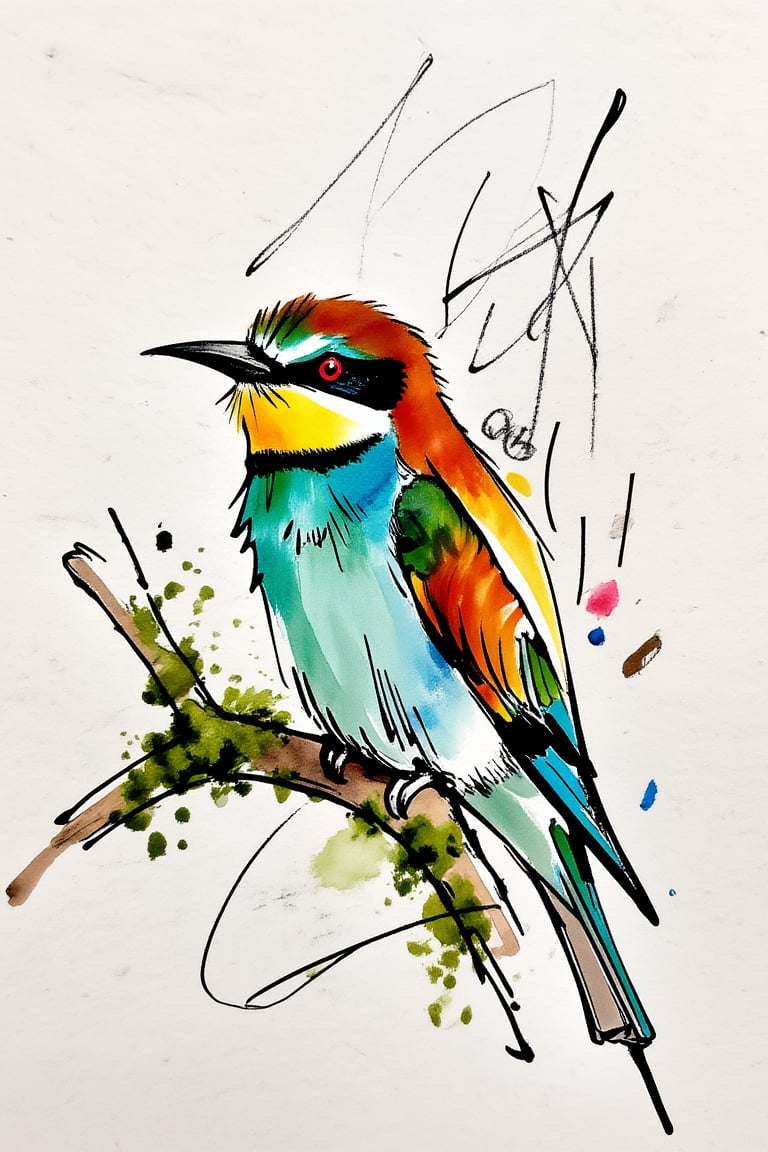 ek_inkart,  ek_inkart_line,  ink and watercolor illustration of a European bee-eater perched on a weathered moss-covered b...
