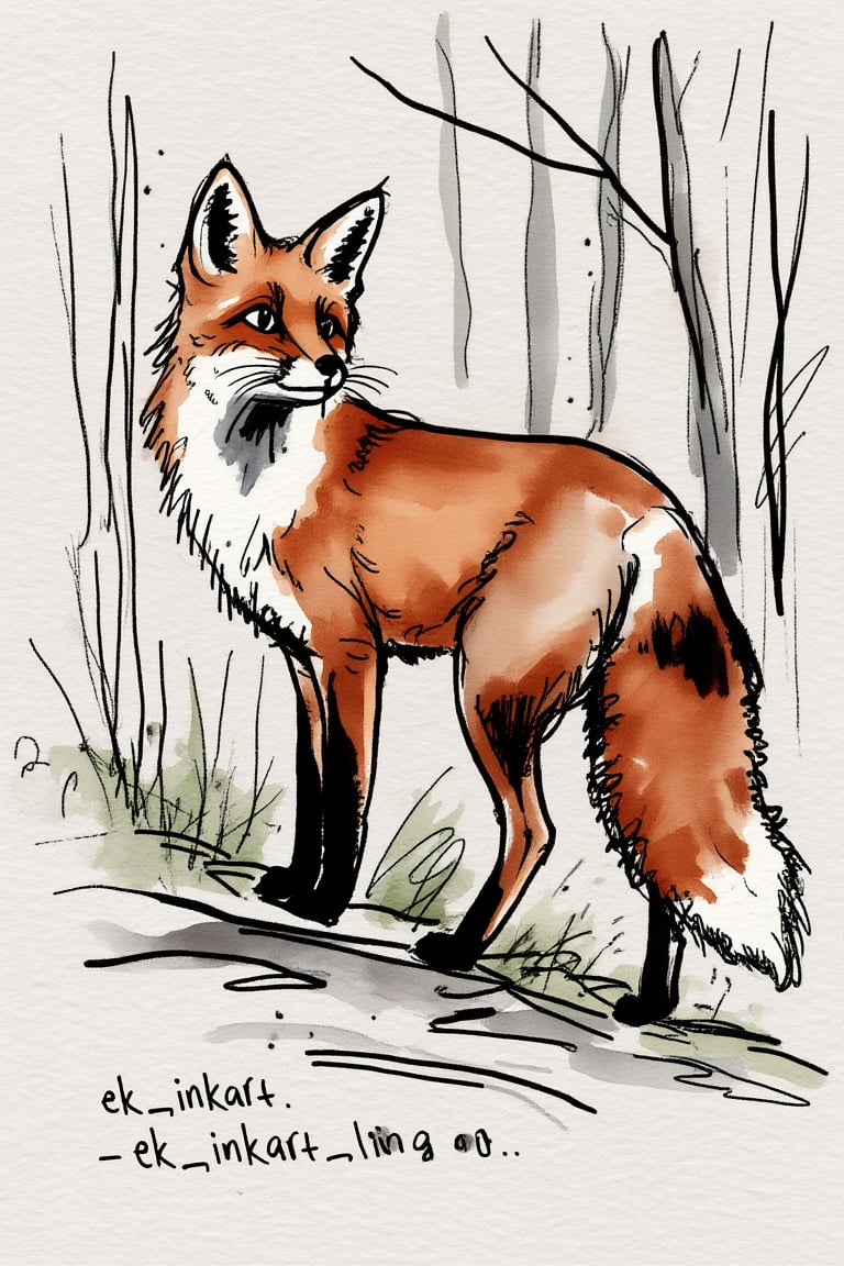 ek_inkart,  ek_inkart_line,  ink and watercolor illustration of a red fox pausing mid-step in a quiet woodland by EclipseK...