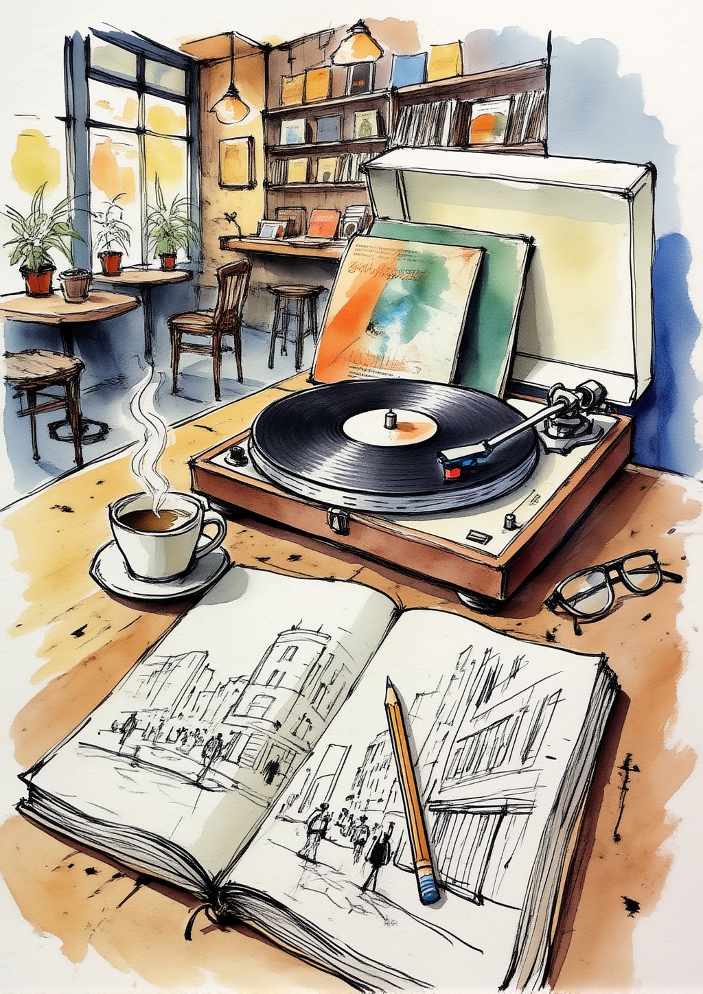 ek_inkart,  ek_inkart_line,  ink and watercolor illustration of a cozy vintage cafe with a classic record player spinning...