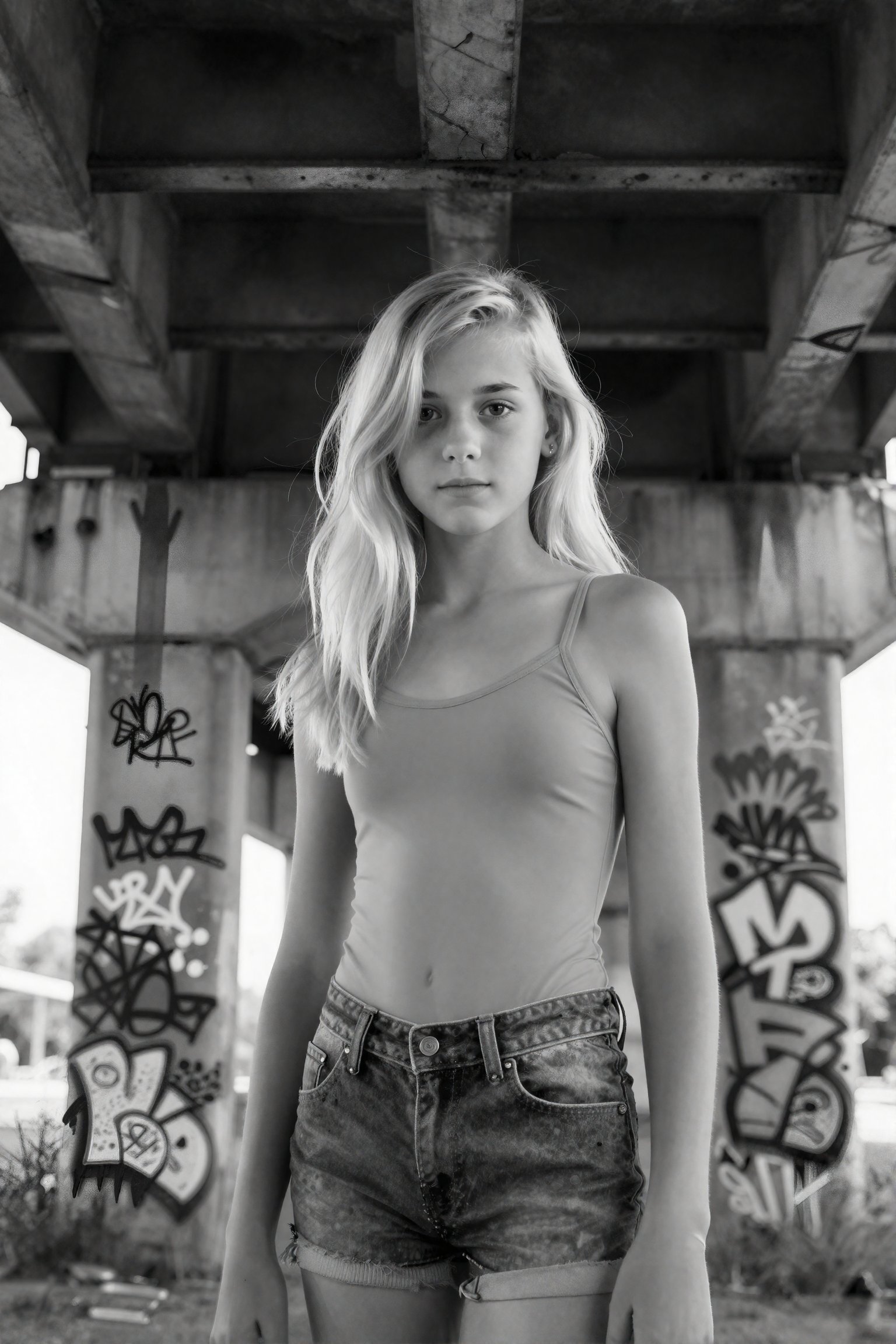 A stark monochrome black and white photograph captures a 18-year-old blonde girl beneath a towering,  crumbling overpass,...
