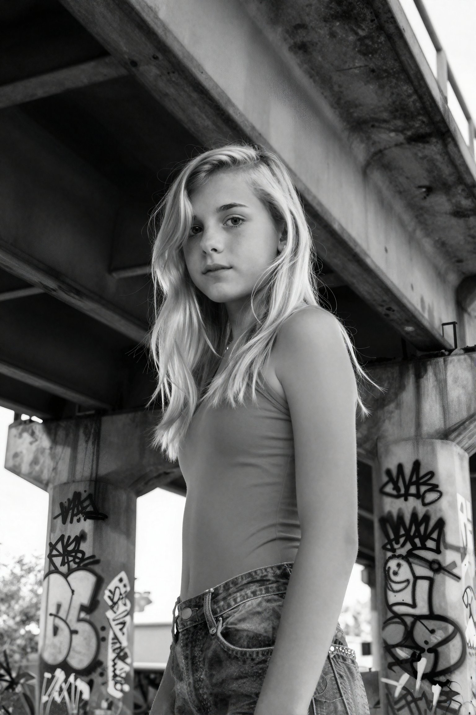 A stark monochrome black and white photograph captures a 18-year-old blonde girl beneath a towering,  crumbling overpass,...