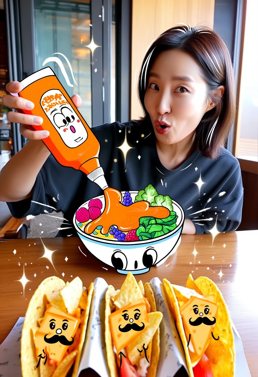 real&doodle,  A korean woman with shoulder-length hair and a playful expression holds a cartoon-style orange sauce bottle,...