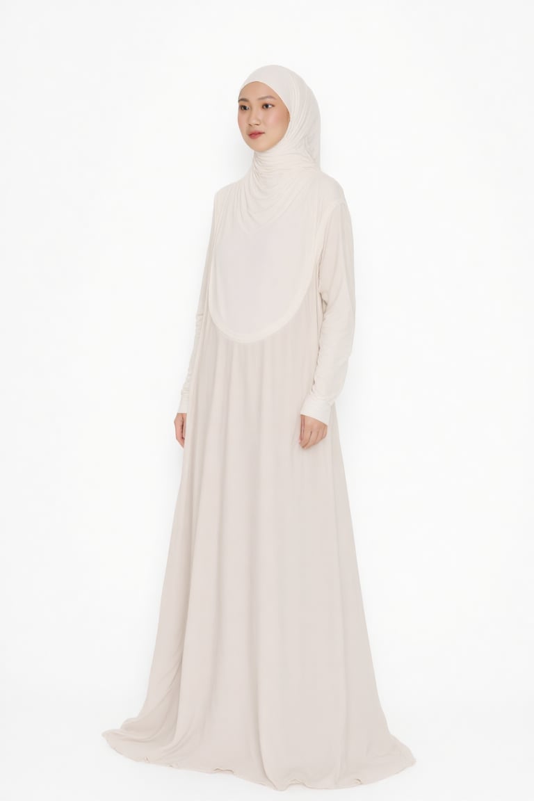 The image shows a woman standing against a plain white background. She is wearing hijab. symmetrical composition,  centere...
