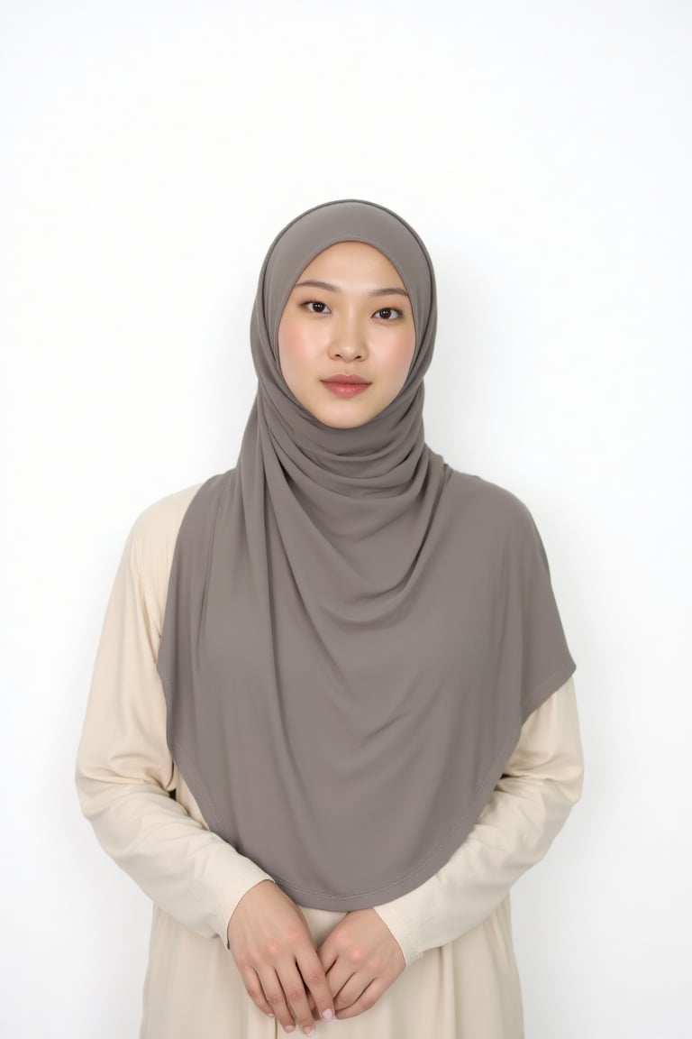 The image shows a woman standing against a plain white background. She is wearing hijab. symmetrical composition,  centere...
