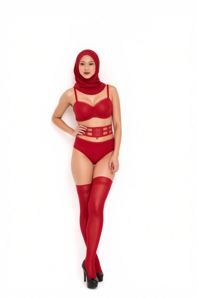 The image shows a woman standing against a plain white background. She is wearing red hijab,  red lingerie set; include br...