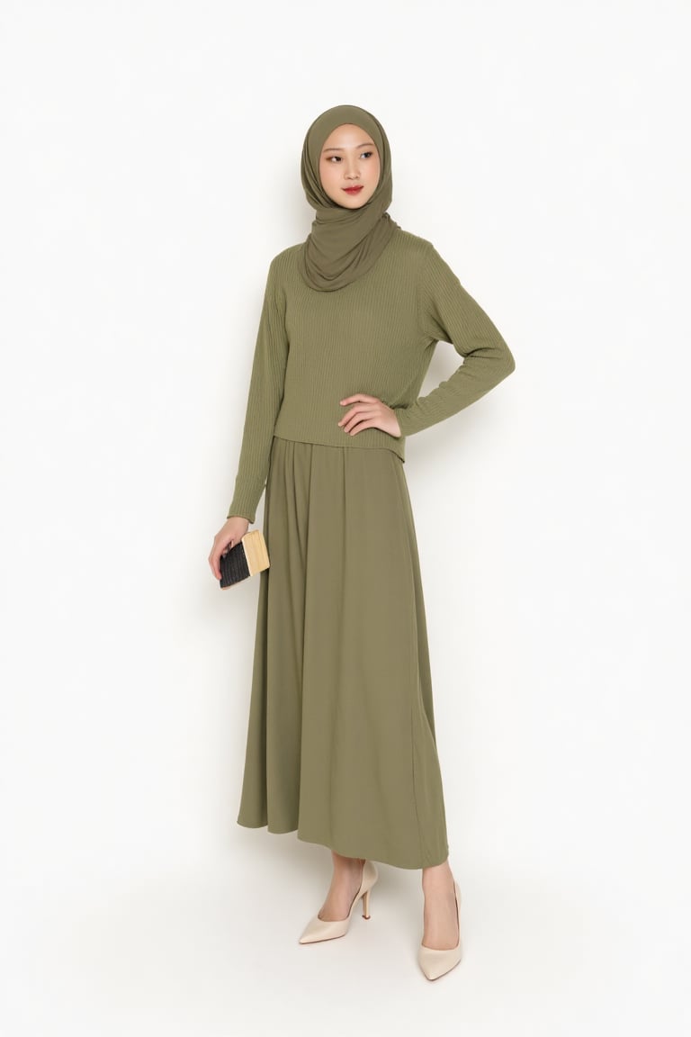 The image shows a woman standing against a plain white background. She is wearing a long olive-green sweater paired with a...