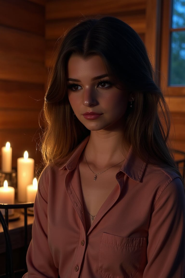 Ultra-realistic portrait,  head-and-shoulders framing of a woman in pink blouse eated in a cold steel chair inside a rusti...