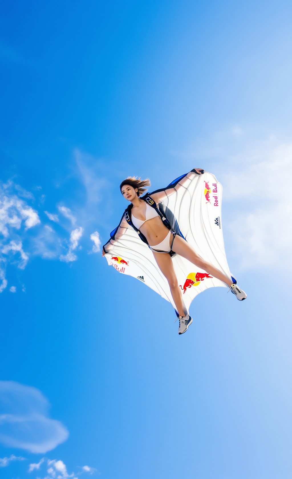 candid aerial adventure photo of a stunning young korean woman gliding through the sky in a semi-transparent wingsuit made...