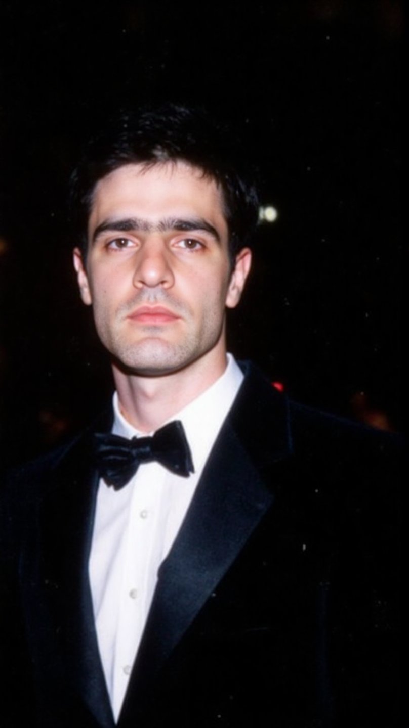 a 2000s paparazzi photo of a 18 years old handsome young man,  he is wearing a black velvet tuxedo by Gucci by Tom Ford. H...