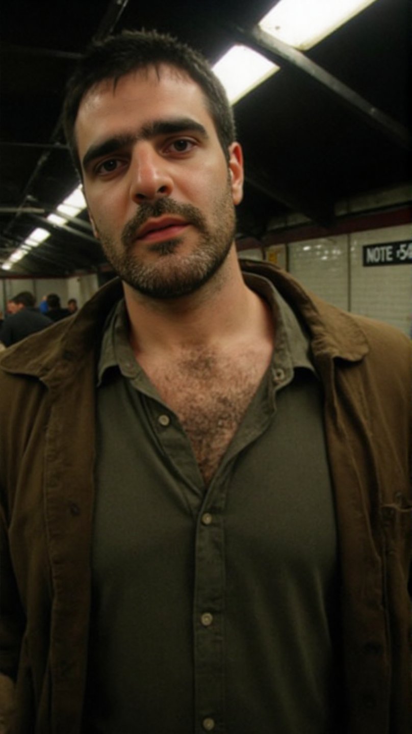 A middle-aged man with a thick goatee stands in a dimly lit subway station. His rugged face,  framed by a strong jawline,...