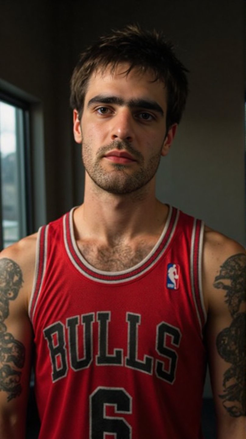 A stunning shot of a 20-year-old Caucasian basketball player,  drenched in sweat,  wearing a red Chicago Bulls NBA jersey...
