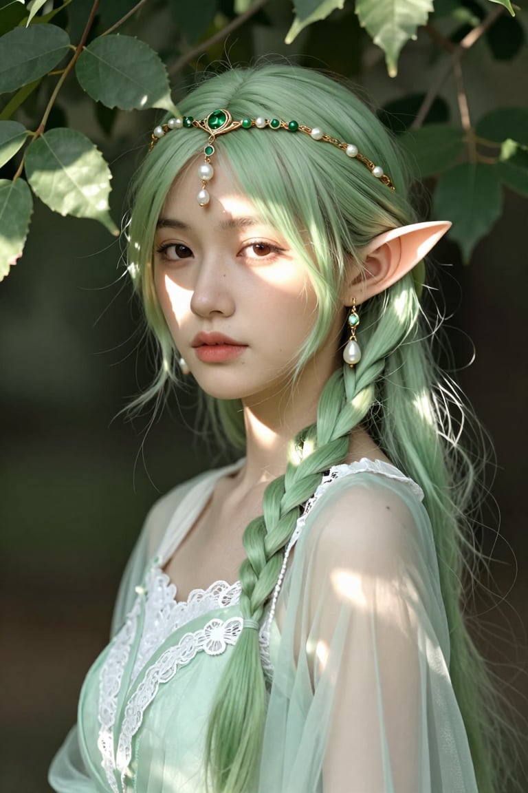 A young woman with long pale green hair styled in a thick side braid,  pointed elf-like ears visible. She wears a delicate...