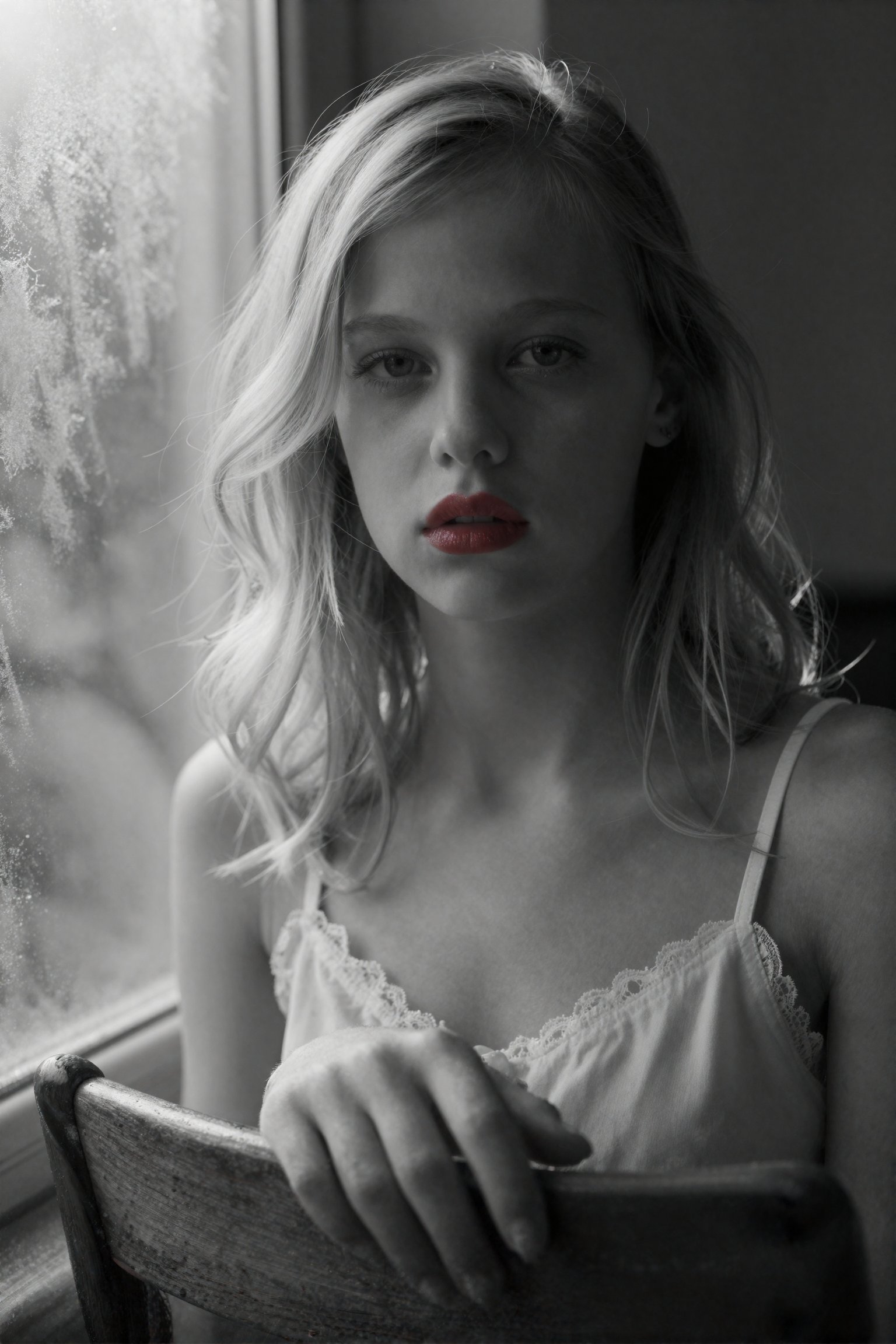 A sharp,  monochrome close-up of a 16-year-old blonde girl,  her skin glistening with the subtle sheen of morning dew unde...