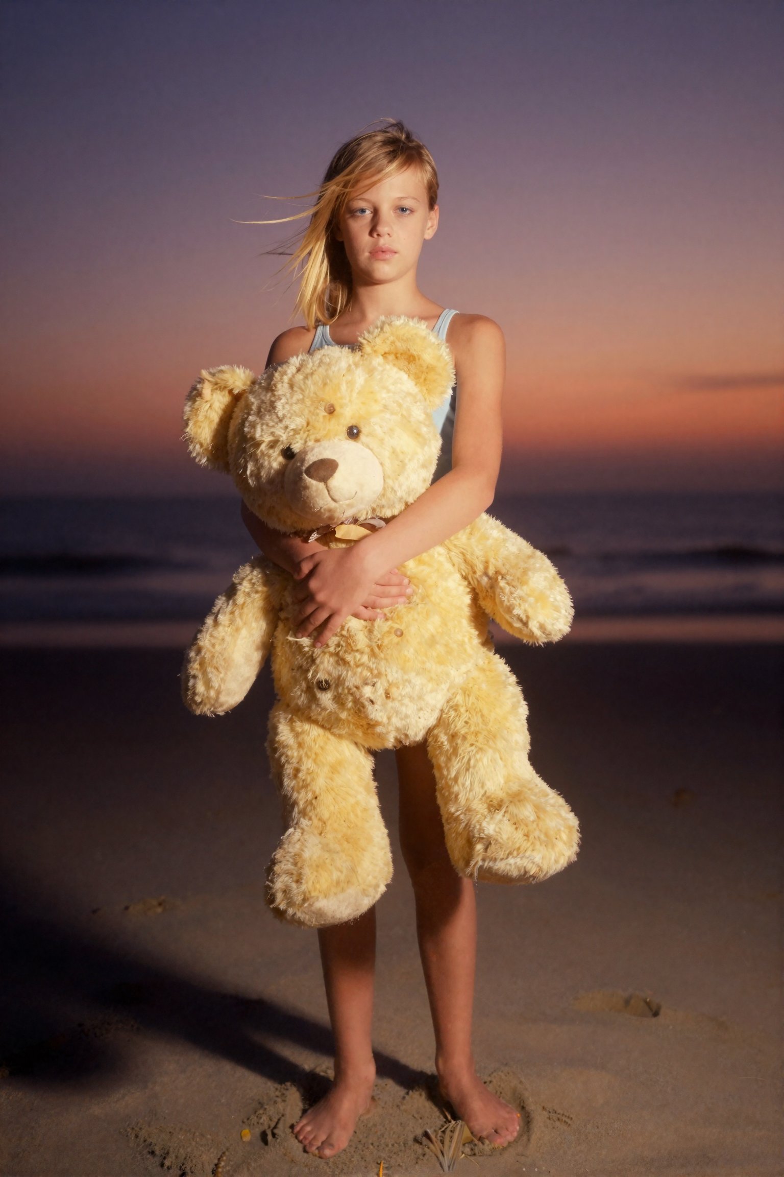 A grainy,  washed-out Kodak 35mm film aesthetic captures a flat-chested,  13-year-old blonde girl standing alone on a sun-...