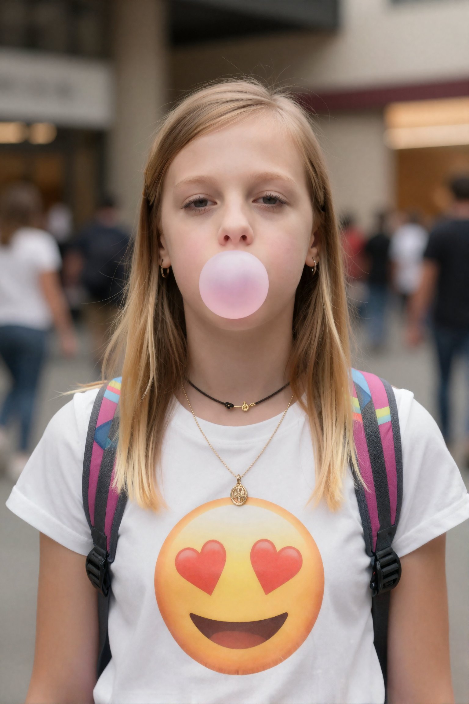 Create a photo of a young girl with her long blonde hair tied back,  as she blows a pink gum bubble. She is wearing a whit...