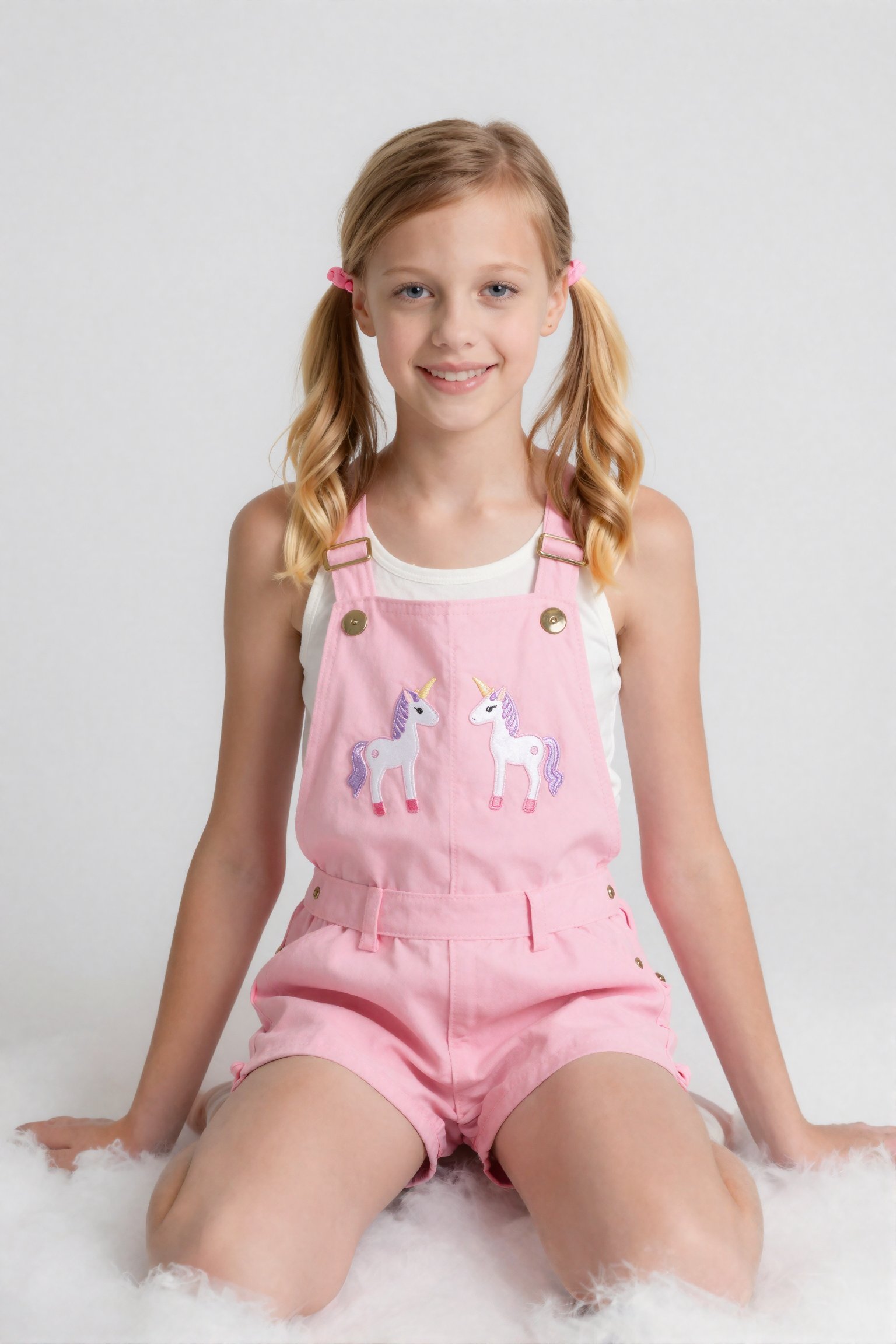 Create a portrait of a slender teen girl,  her blonde hair in pigtails with cute pink hairties,  who poses for a photo wit...