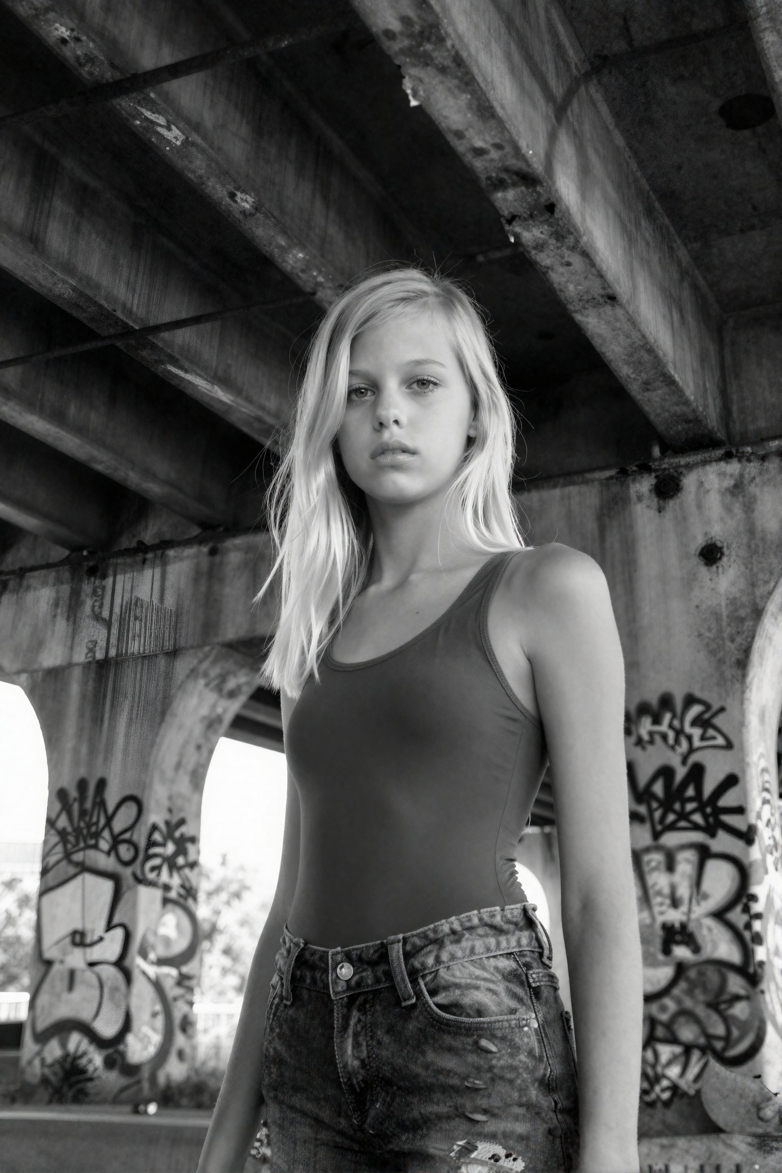 A stark monochrome black and white photograph captures a 18-year-old blonde girl beneath a towering,  crumbling overpass,...