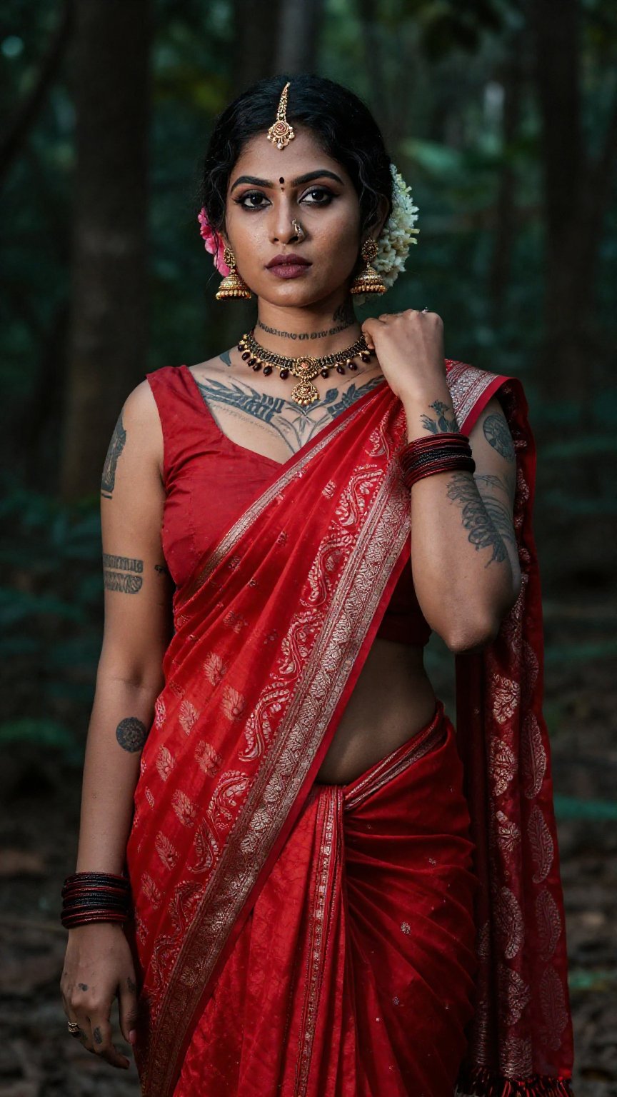 Create a woman with punk tattoos and makeup,  cyberpunk style ,  red pattu saree and blouse by LoRa Factory on Tensor.Art
