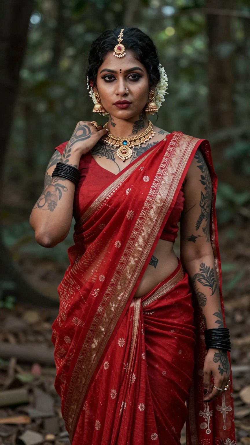 Create a woman with punk tattoos and makeup,  cyberpunk style ,  red pattu saree and blouse by LoRa Factory on Tensor.Art