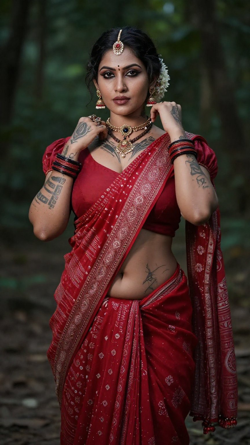Create a woman with punk tattoos and makeup,  cyberpunk style ,  red pattu saree and blouse by LoRa Factory on Tensor.Art