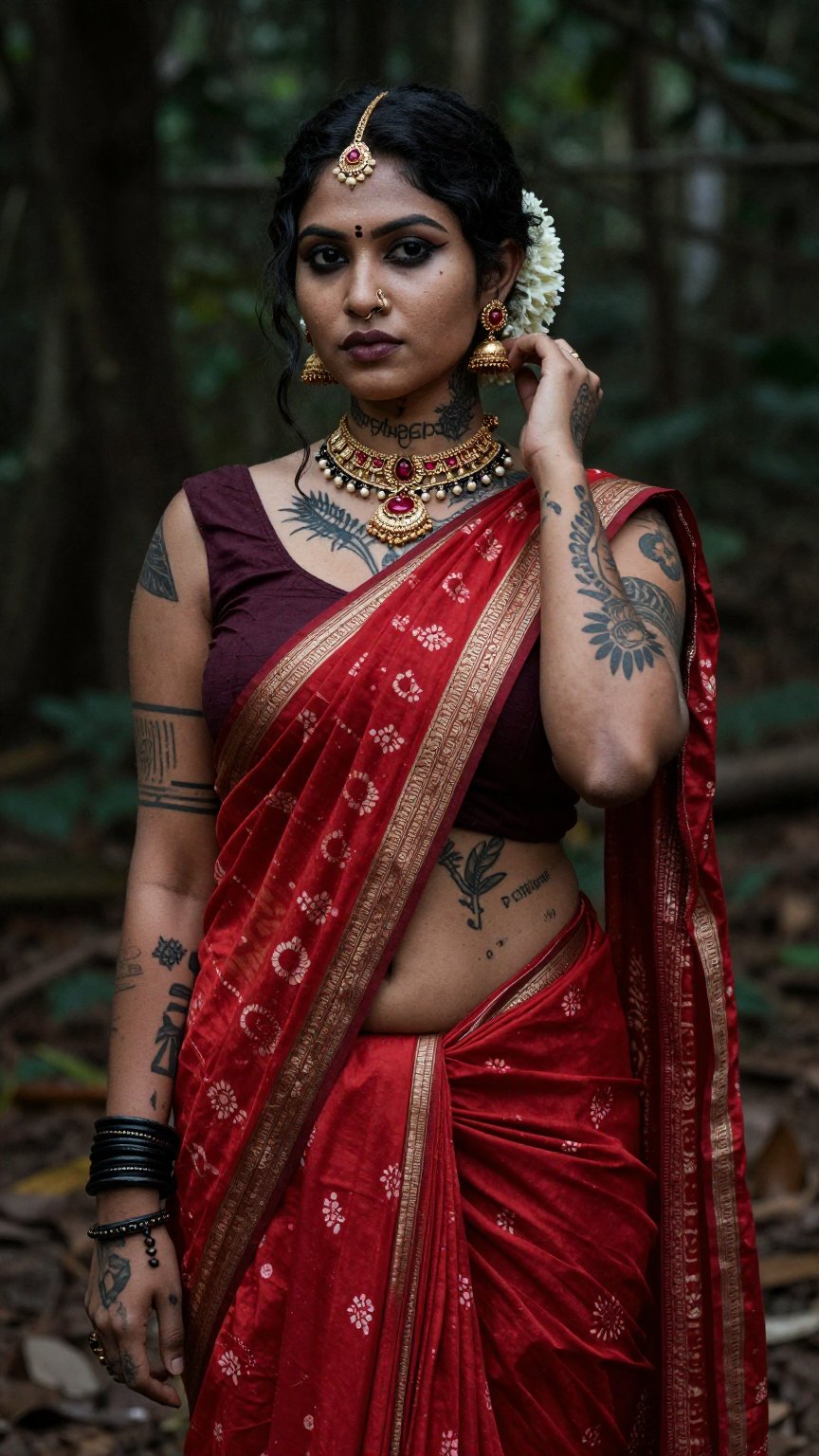 Create a woman with punk tattoos and makeup,  cyberpunk style ,  red pattu saree and blouse by LoRa Factory on Tensor.Art