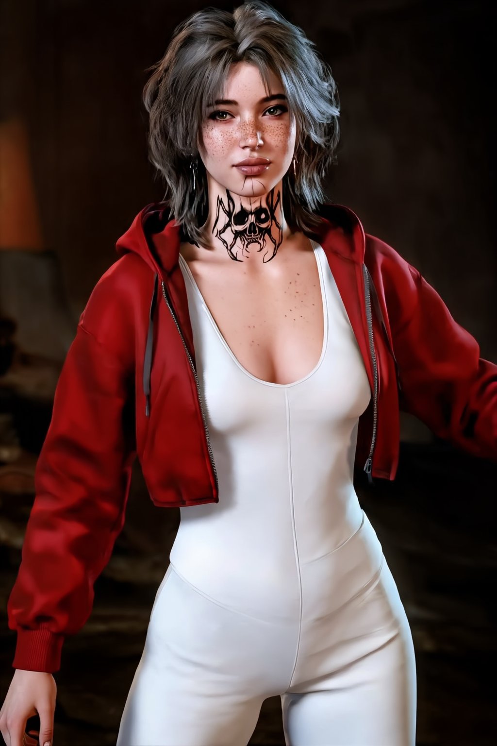 Evelyn,  baldurs_gate3,  Ultra-realistic photography of an adult woman with short wavy hair and natural freckles across he...