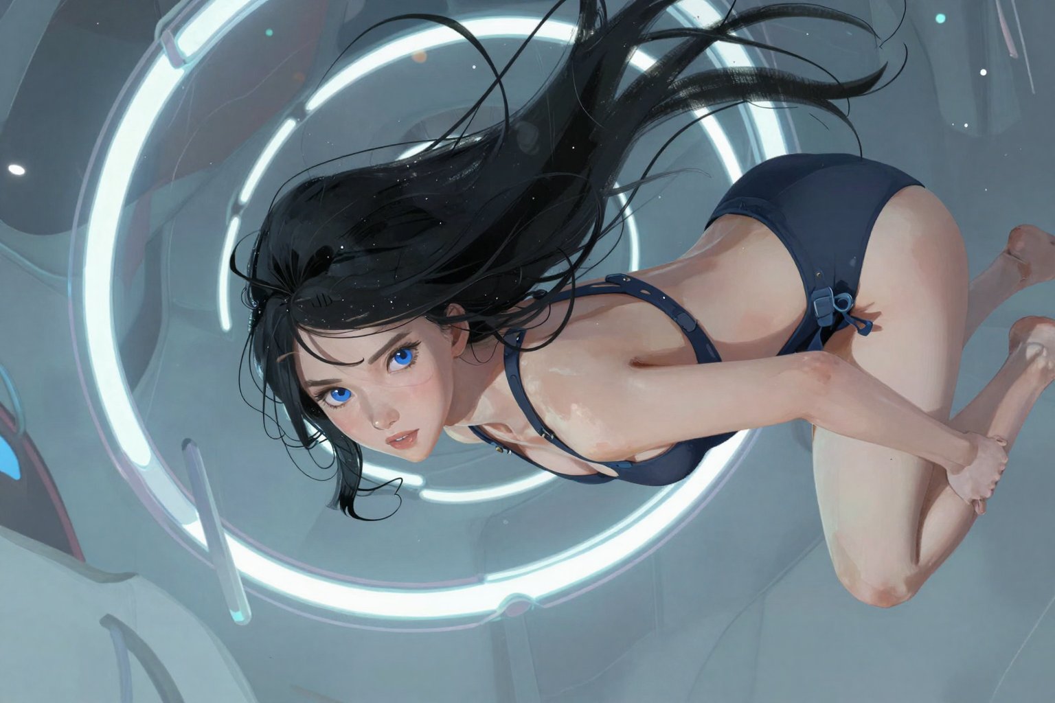 young girl,  surreal scifi environment. very long black hair,  blue eyes by Kmaker on Tensor.Art