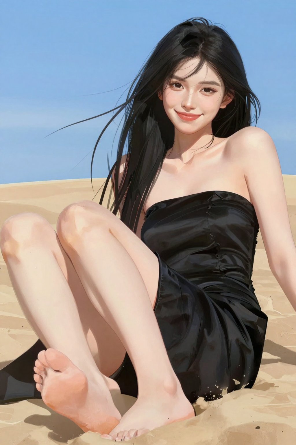 young girl,  very long black hair,  wearing a black silk strapless dress by Kmaker on Tensor.Art