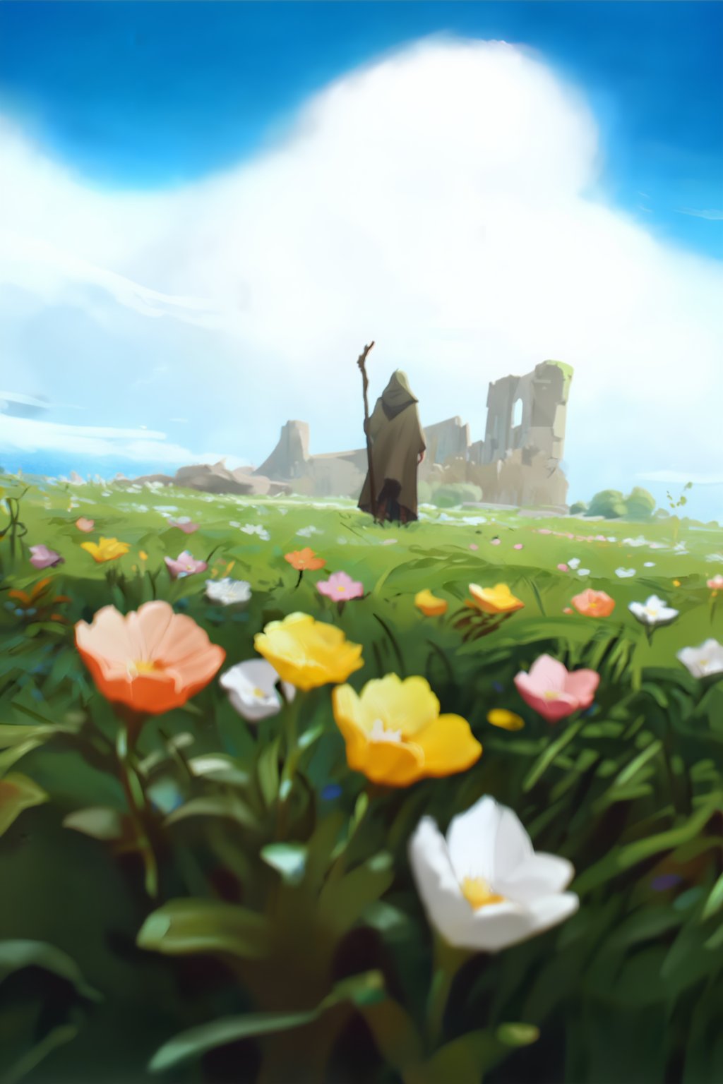 This digital illustration captures a low-angle perspective from within a vibrant field of wildflowers,  leading the eye to...