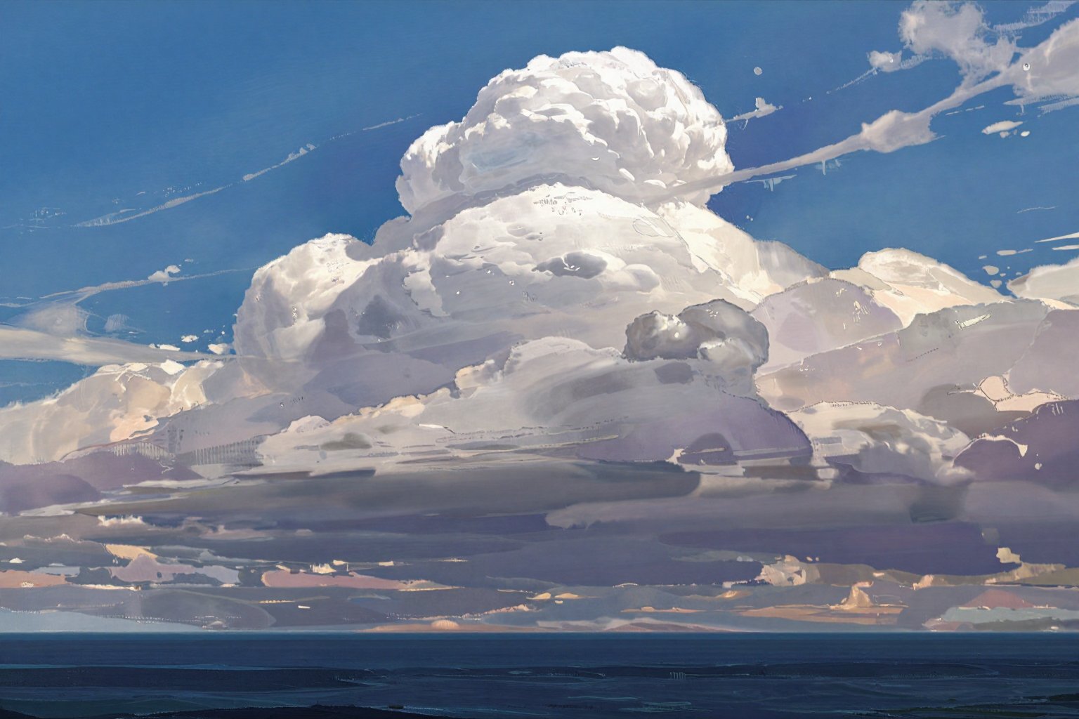 This vertical illustration features a vast seascape dominated by towering cumulus clouds. The composition emphasizes the i...