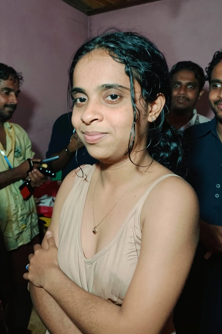 An artistic cinimatic ultra wide angle shot of a black hair 19 year girl captured in a large bedroom with husband friends...