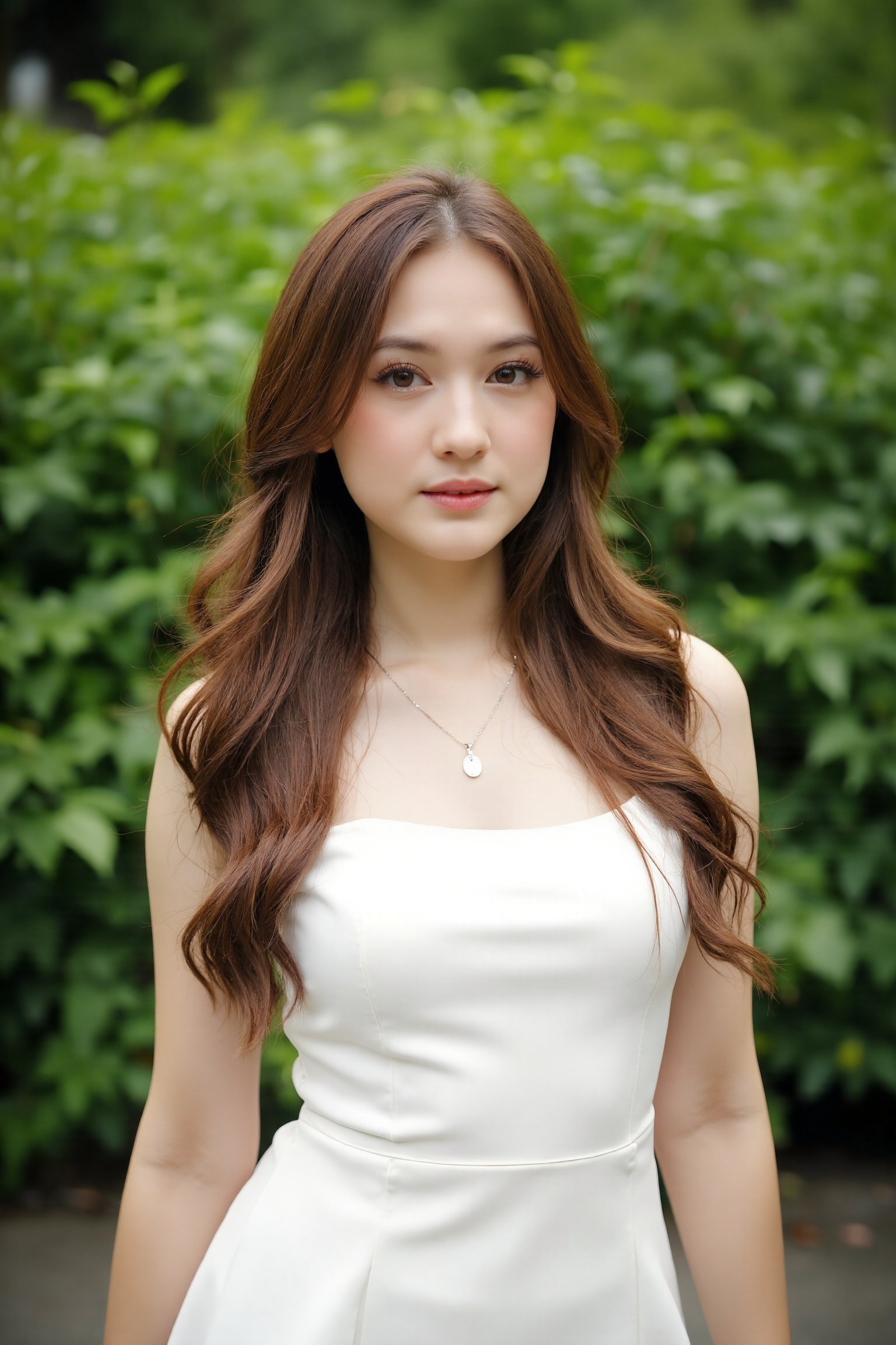 Captured at eye-level,  a medium-angle shot of a beautiful young woman with long,  wavy brown hair stands in front of a ba...