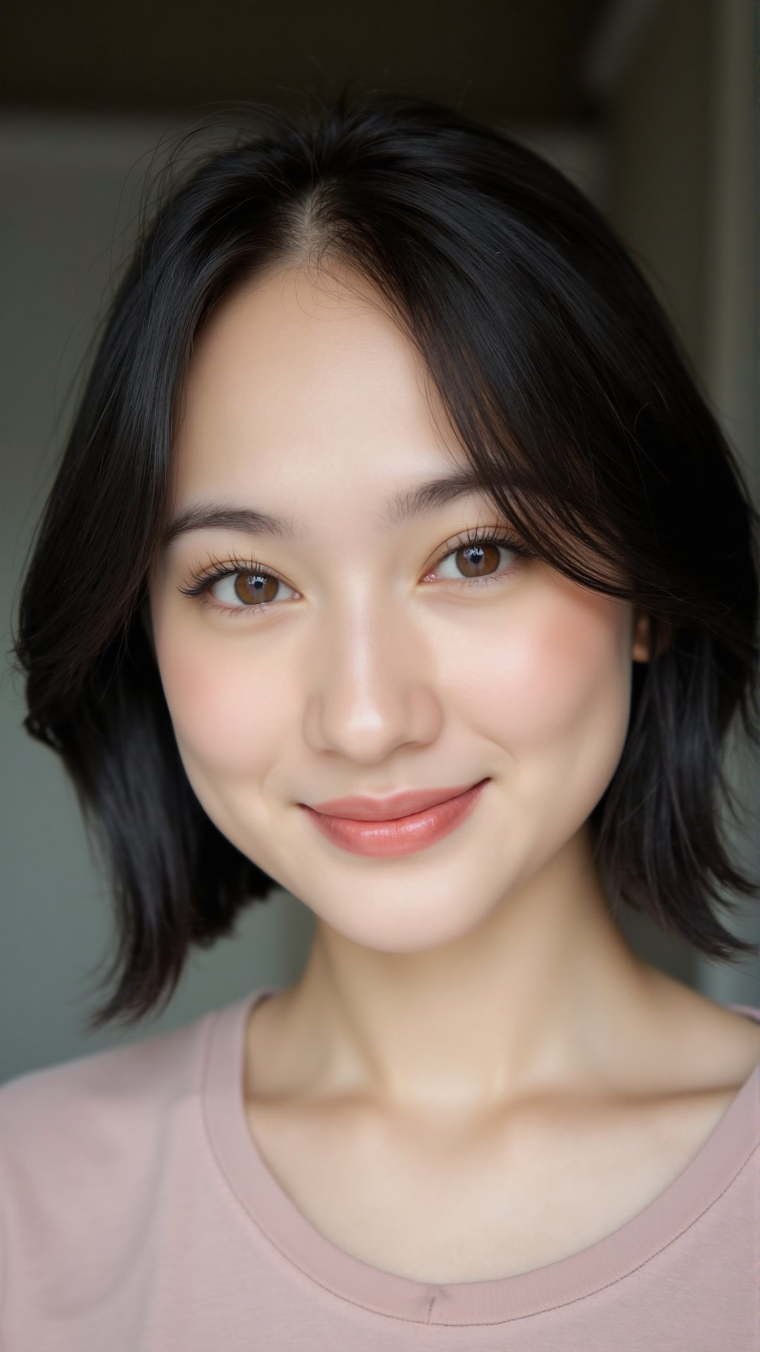 Photograph of a young woman. She is looking at the viewer with bright and loving eyes and beautiful smile. Close-up of fac...
