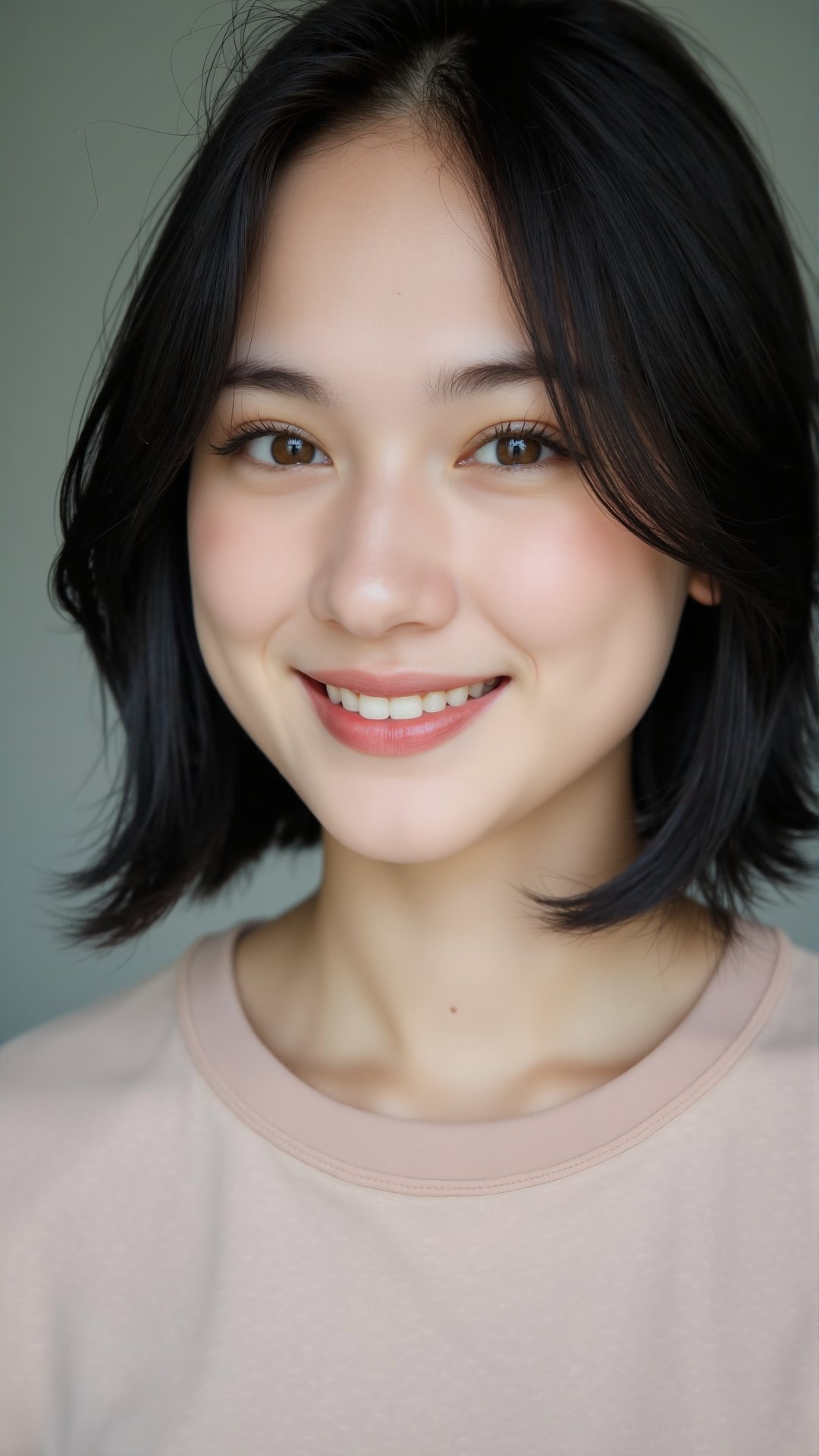 Photograph of a young woman. She is looking at the viewer with bright and loving eyes and beautiful smile. Close-up of fac...