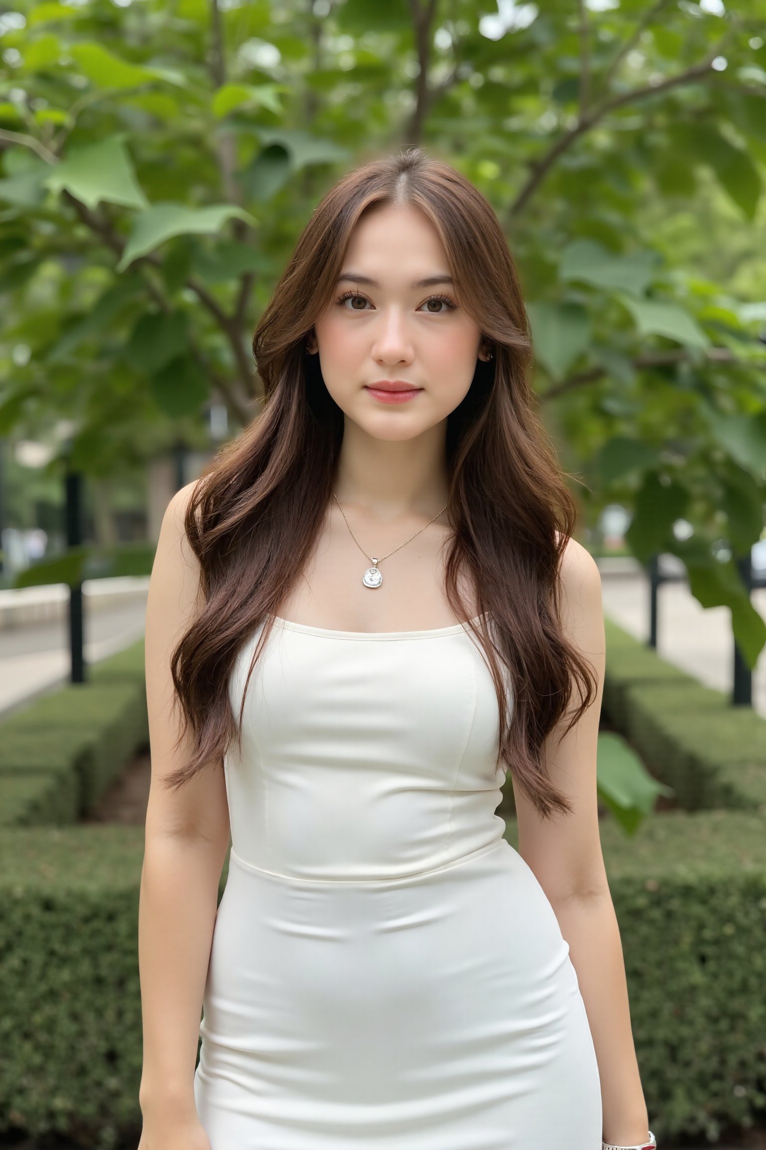 Captured at eye-level,  a medium-angle shot of a beautiful young woman with long,  wavy brown hair stands in front of a ba...