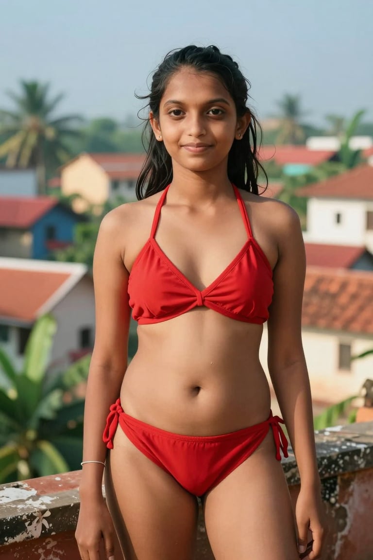 A young teen woman poses confidently in a stylish red bikini with an idyllic indian town backdrop,  capturing a summery,...