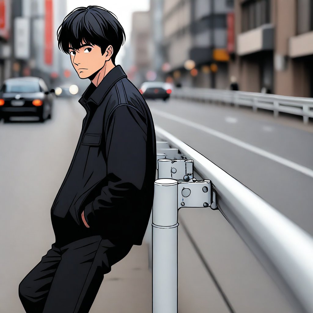sitting on guardrail,  standing,  cowboy shot by MMMW on Tensor.Art