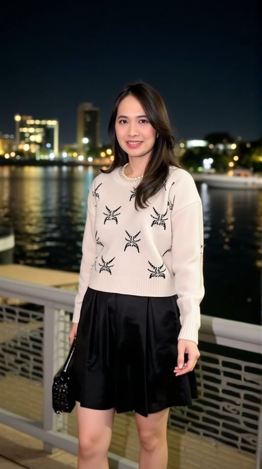 The image shows a person standing on a bridge or dock,  with a body of water in the background. The person is wearing a wh...