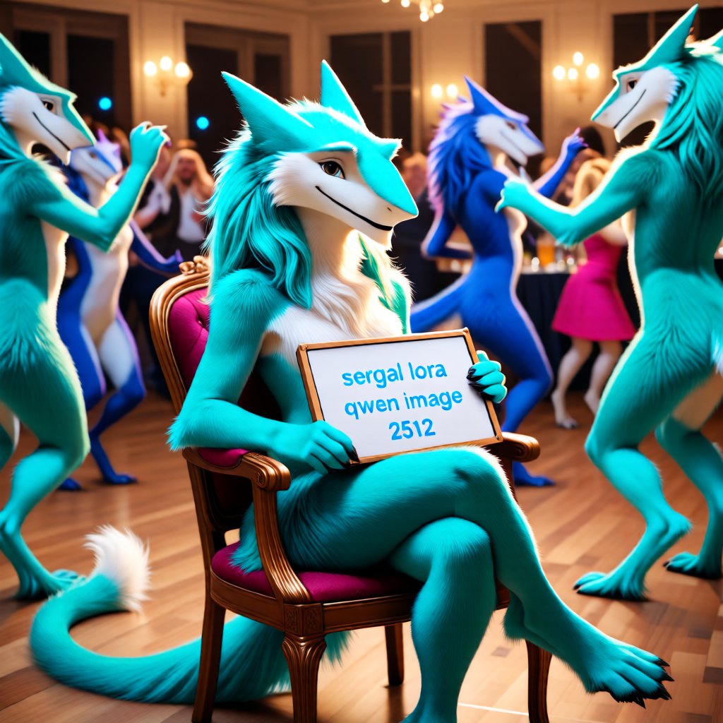 An sergal with aqua fur sitting in a chair holding a board with text "sergal lora qwen image 2512",  at a party with sever...