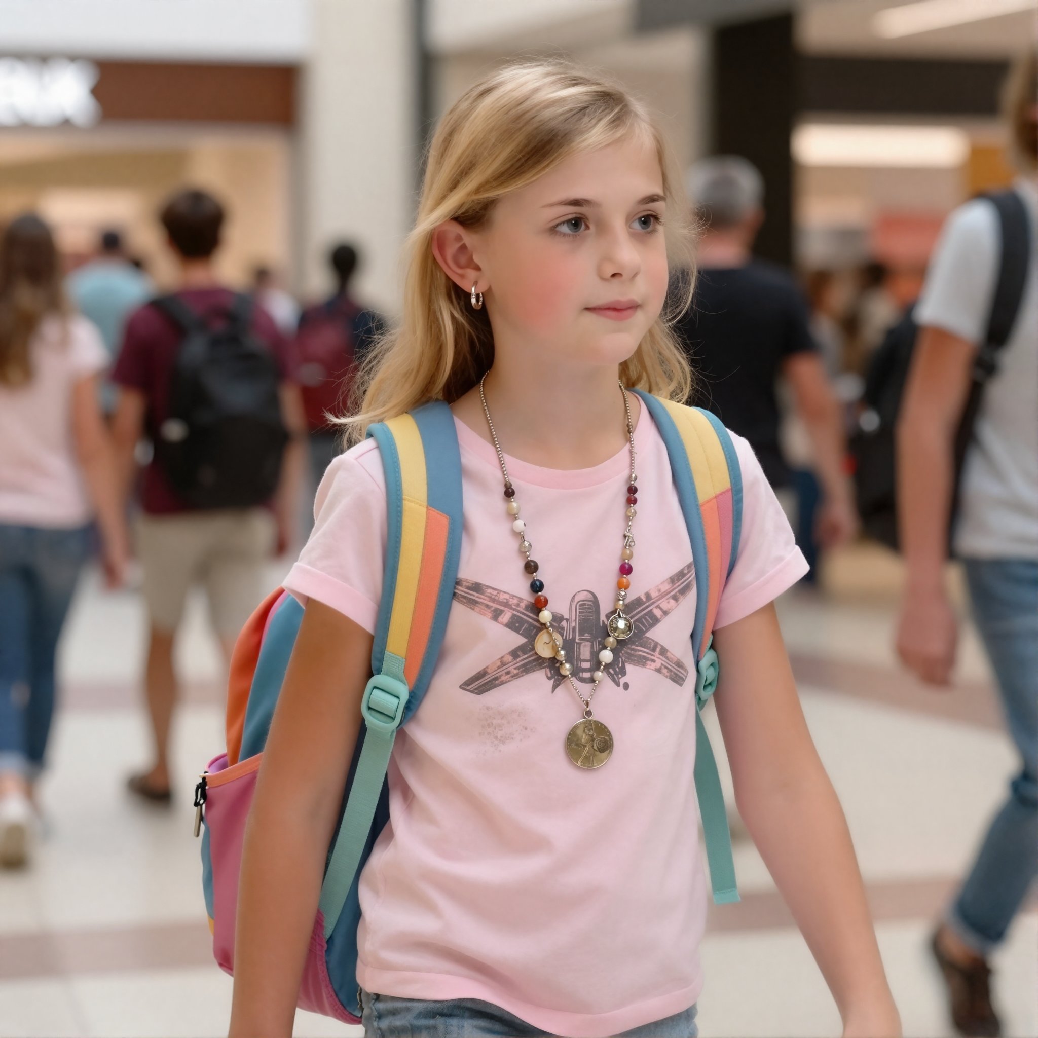Create a three-quarter photo of a young girl with her long blonde hair tied back,  walking through the mall. She is wearin...
