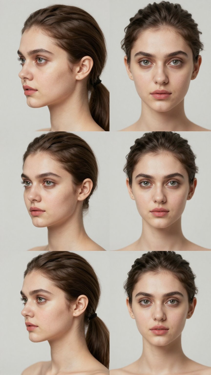 Character sheet of a beautiful young woman with soft European facial features,  fair smooth skin with subtle pores and fai...