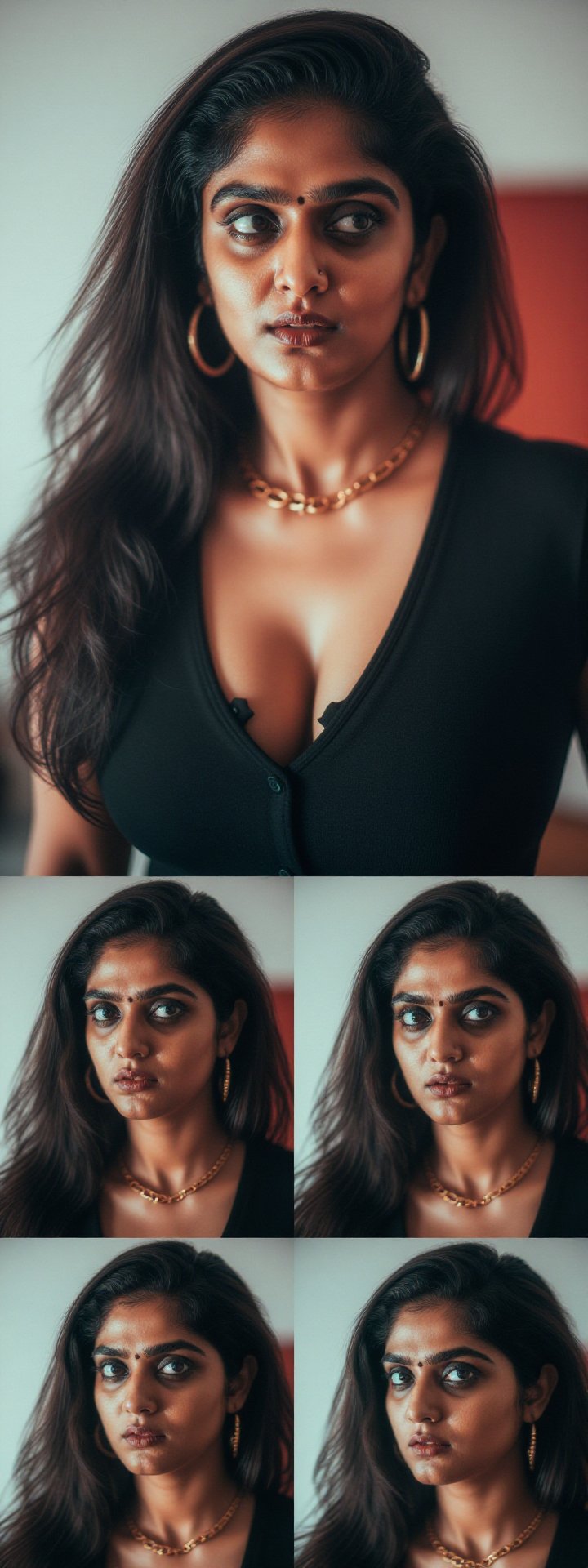 Photograph of a woman with light olive skin and dark,  slicked-back hair,  wearing a black by LoRa Factory on Tensor.Art
