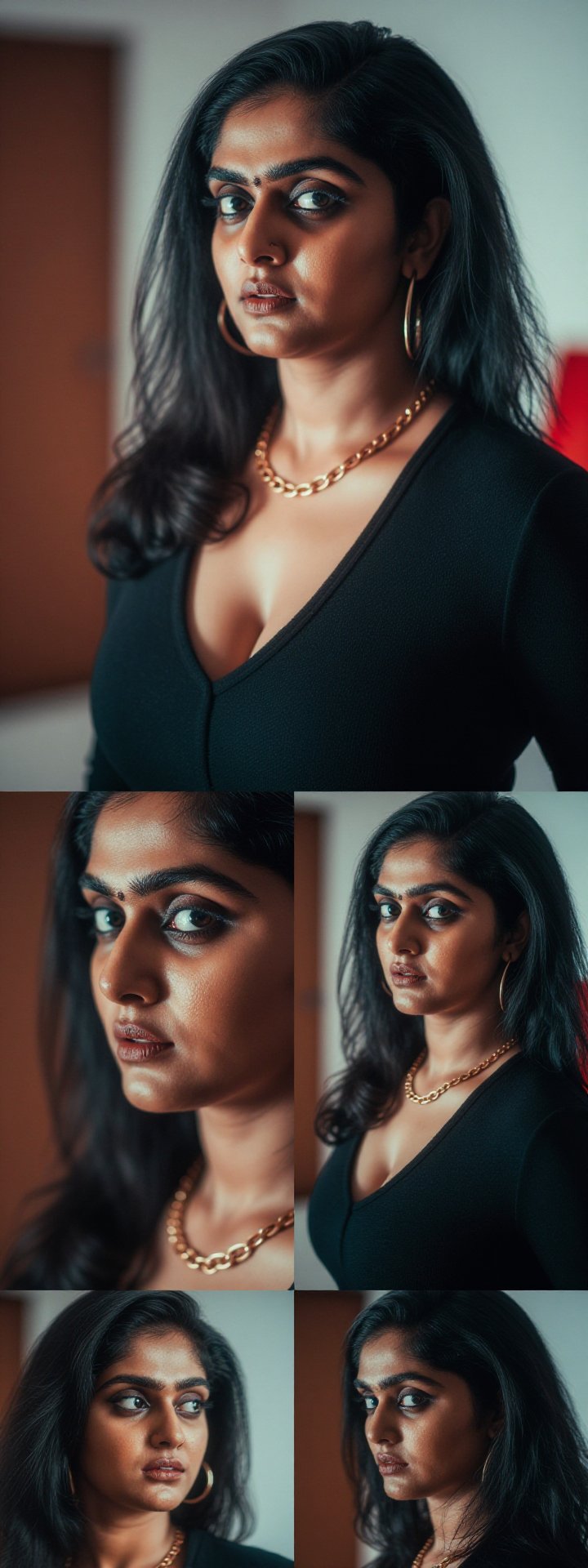 Photograph of a woman with light olive skin and dark,  slicked-back hair,  wearing a black by LoRa Factory on Tensor.Art